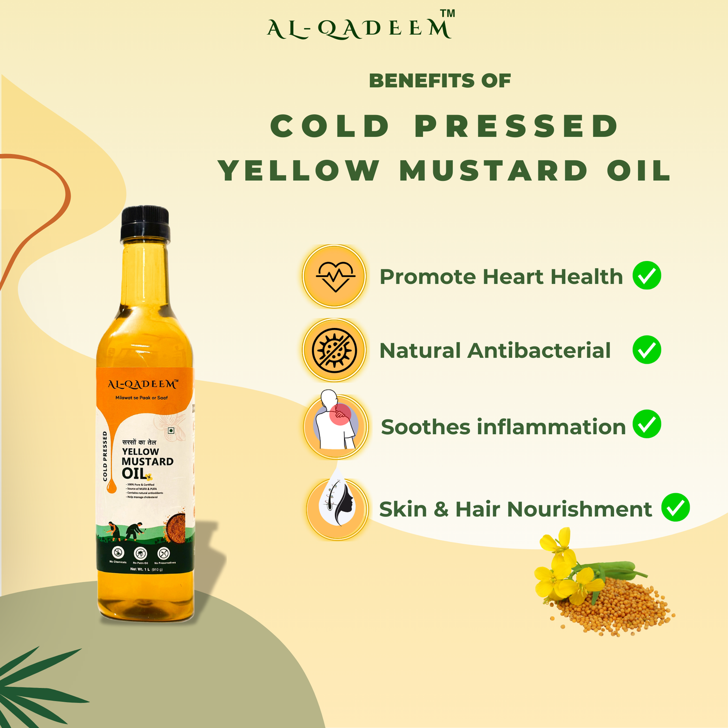 Cold-Pressed Yellow Mustard Oil – Pure ( Kachi Ghani Sarso Oil ) for Flavorful Cooking, 1 Litre ( Pack of 1 )